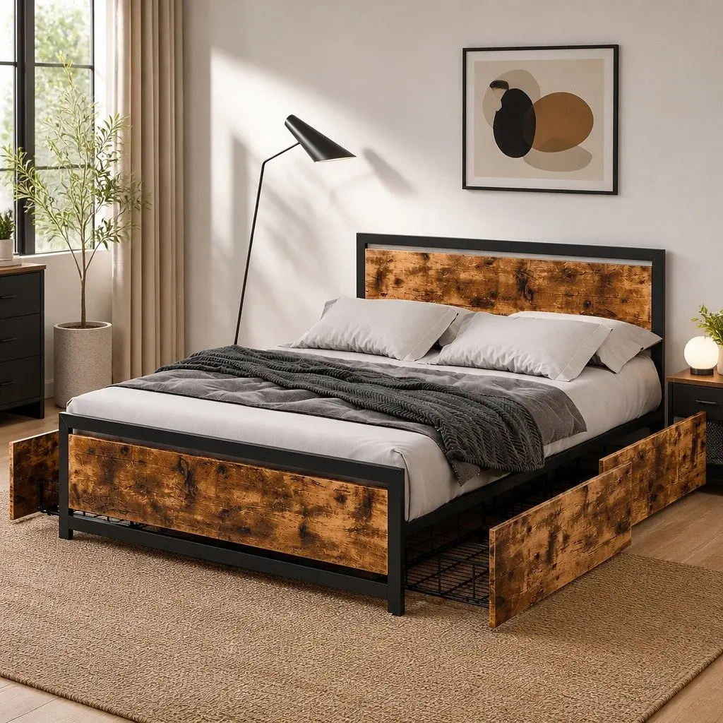 Queen Bed Frame with Steel Support and Storage