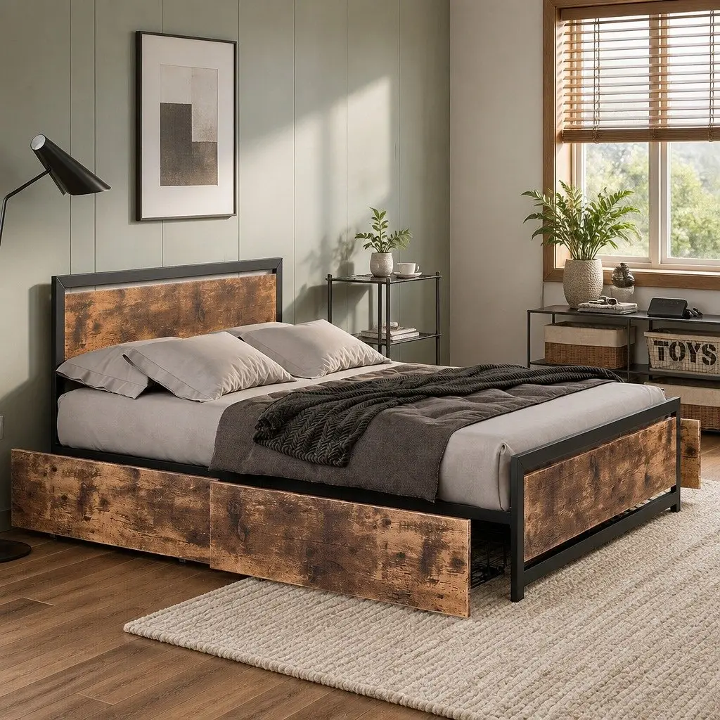 Queen Bed Frame with Steel Support and Storage