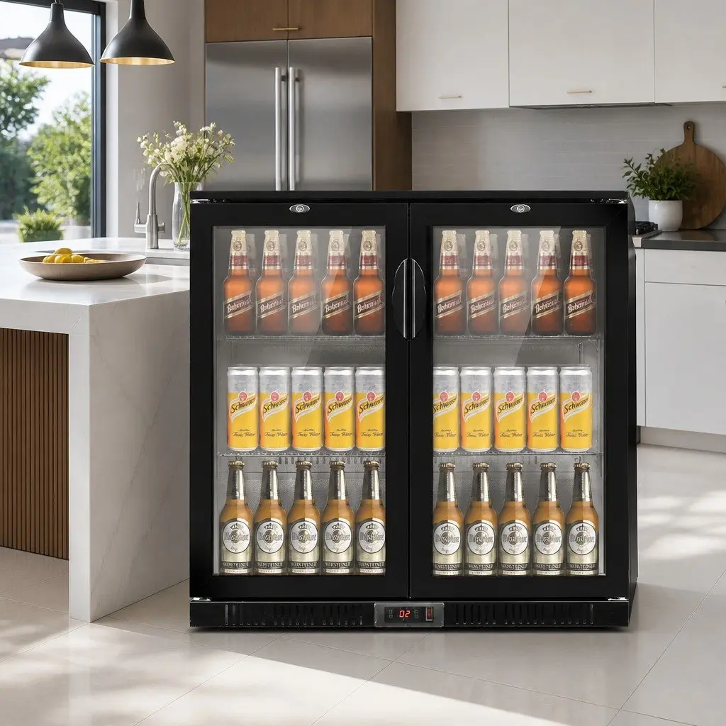 Commercial Beverage Cooler Black 198L Dual Glass Door with LED Display
