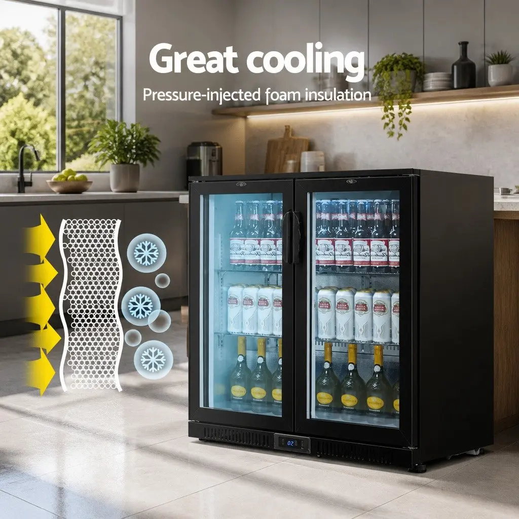 Commercial Beverage Cooler Black 198L Dual Glass Door with LED Display