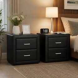Black PVC Leather Bedside Table with Modern Design