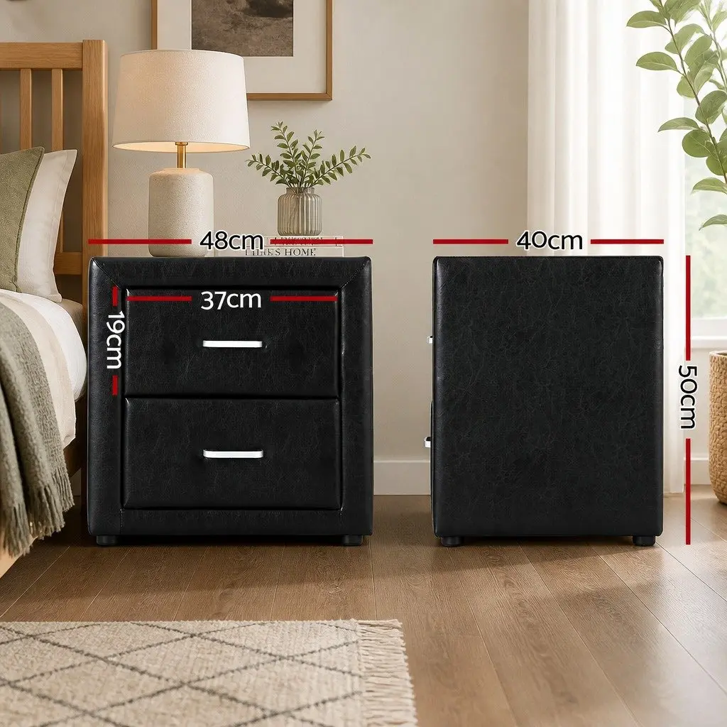 Bedside Table Modern Black PVC Leather 2 Drawers Storage Furniture