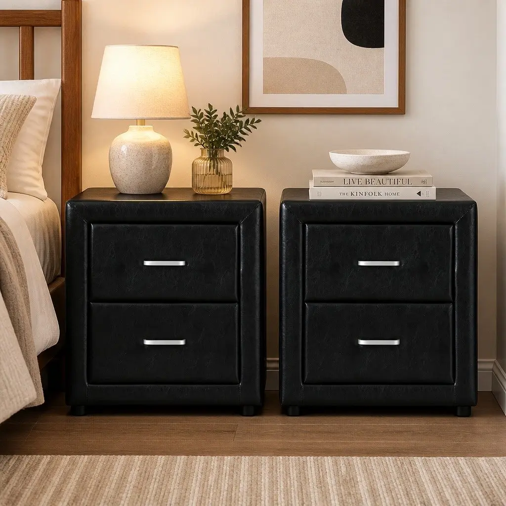 Bedside Table Modern Black PVC Leather 2 Drawers Storage Furniture