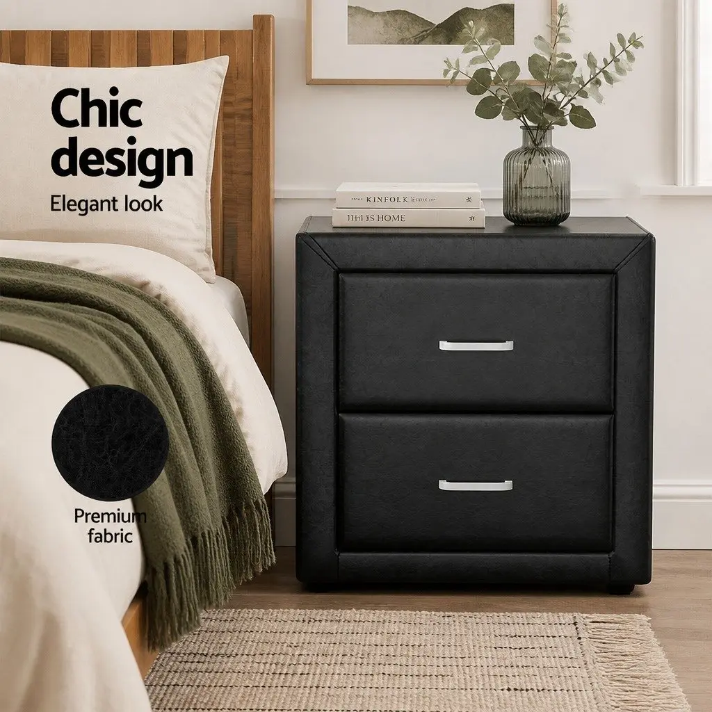 Bedside Table Modern Black PVC Leather 2 Drawers Storage Furniture