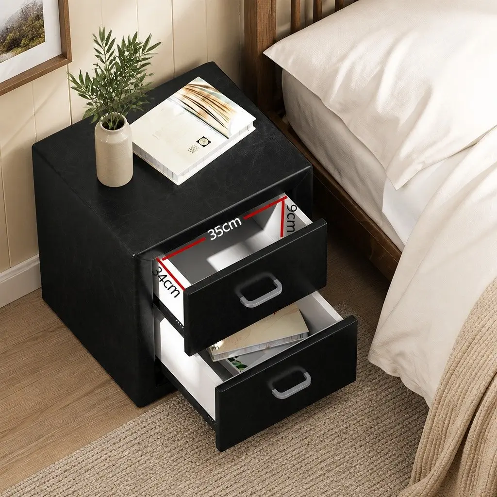 Bedside Table Modern Black PVC Leather 2 Drawers Storage Furniture