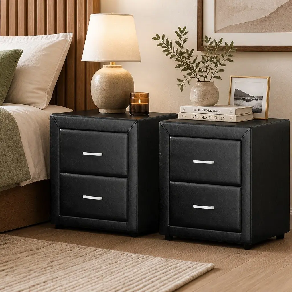 Bedside Table Modern Black PVC Leather 2 Drawers Storage Furniture