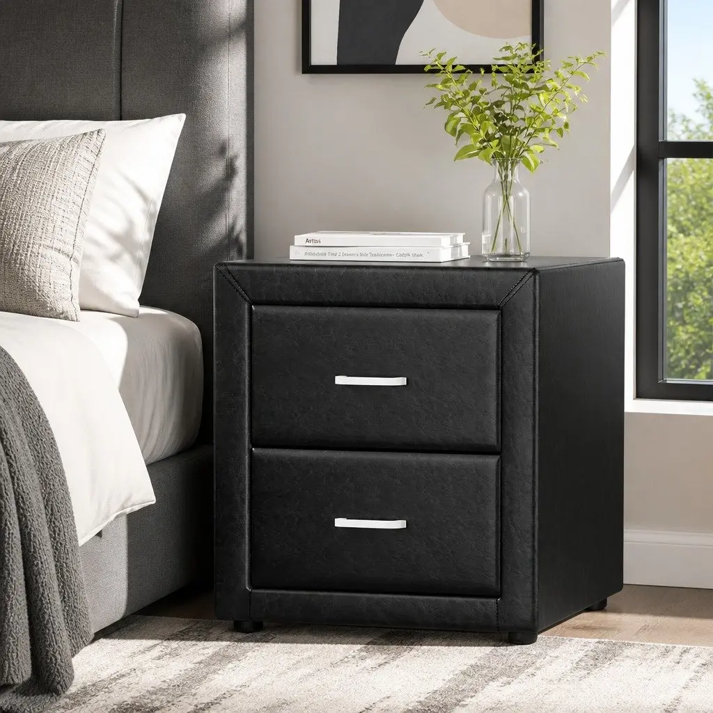 Bedside Table Black Modern 2 Drawer Storage 48cm W x 40cm D x 50cm H