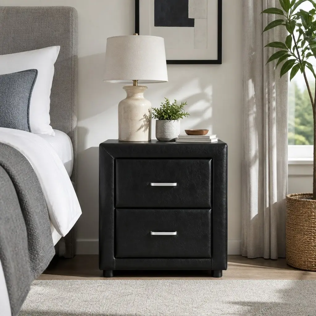 Bedside Table Black Modern 2 Drawer Storage 48cm W x 40cm D x 50cm H