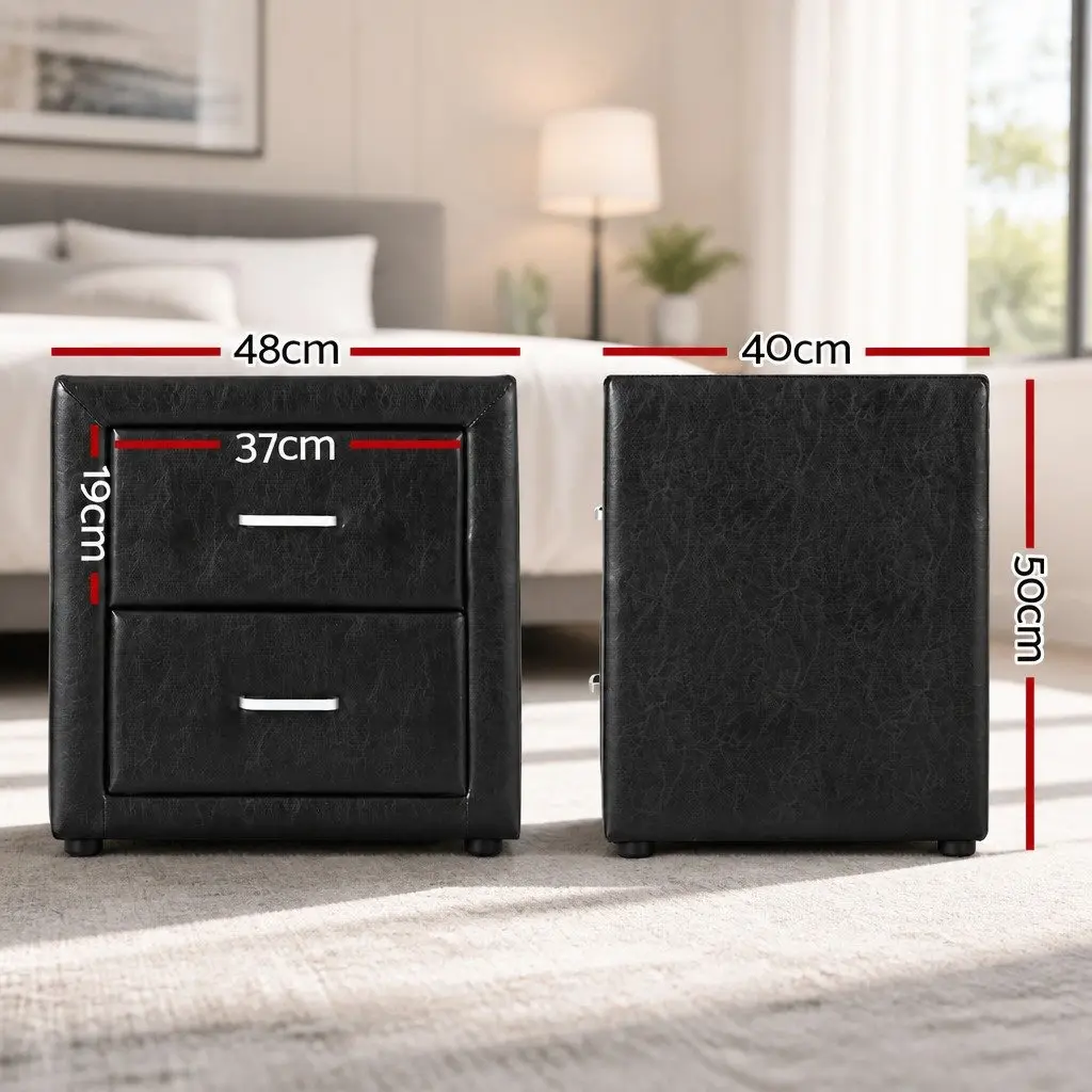 Bedside Table Black Modern 2 Drawer Storage 48cm W x 40cm D x 50cm H