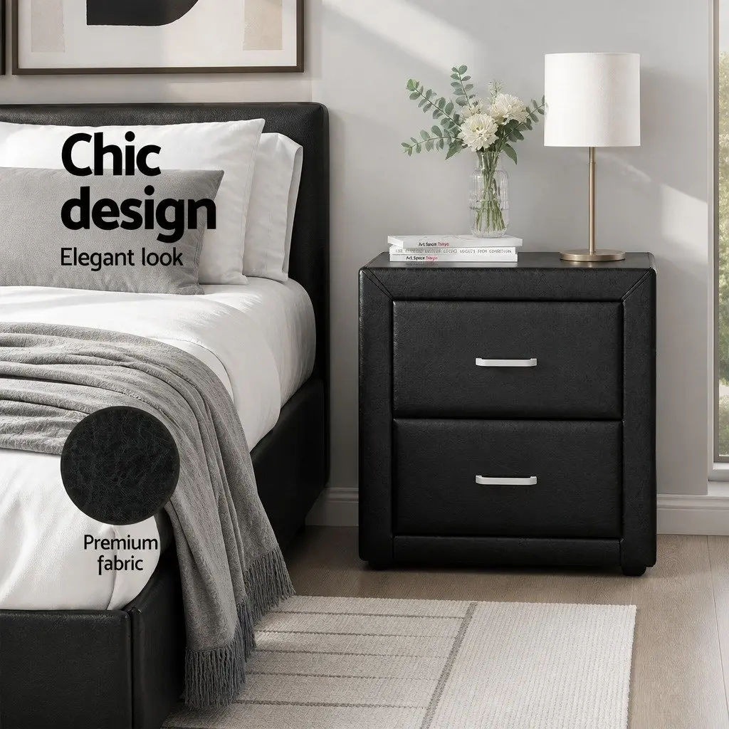 Bedside Table Black Modern 2 Drawer Storage 48cm W x 40cm D x 50cm H