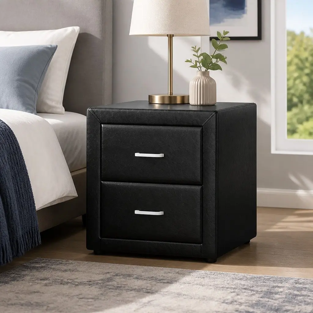 Bedside Table Black Modern 2 Drawer Storage 48cm W x 40cm D x 50cm H