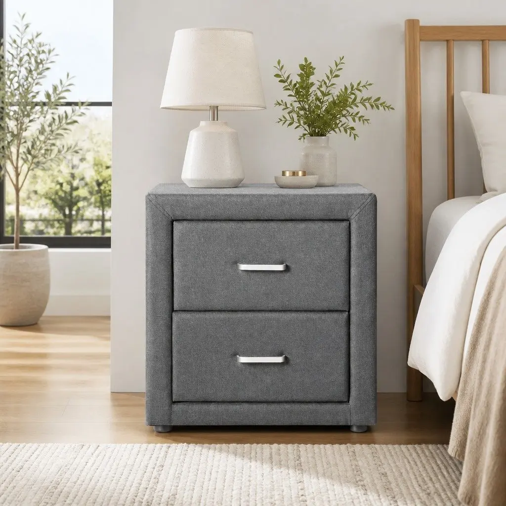 Bedside Table 2 Drawers Grey Linen Fabric Modern Bedroom Storage Side Table