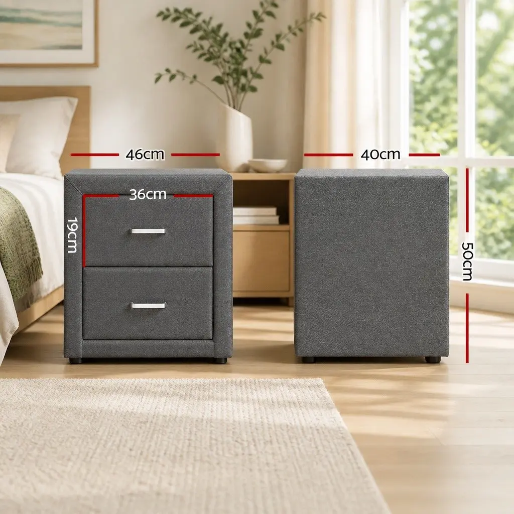 Bedside Table 2 Drawers Grey Linen Fabric Modern Bedroom Storage Side Table