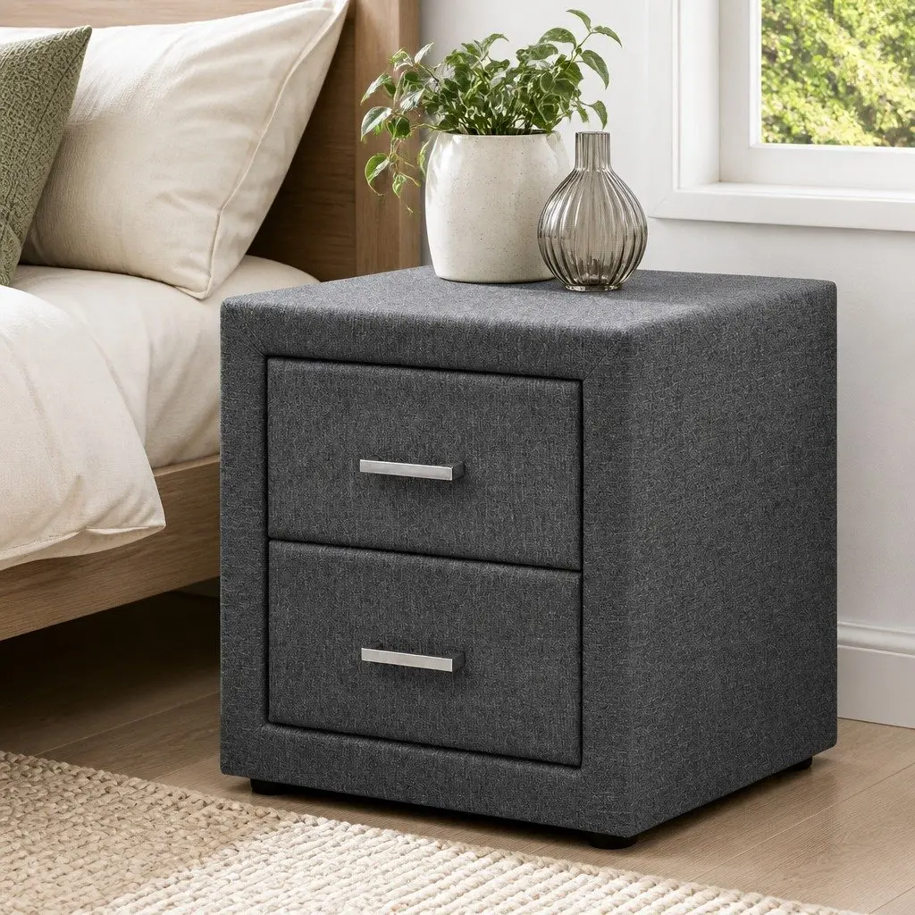 Bedside Table 2 Drawers Grey Linen Fabric Modern Bedroom Storage Side Table