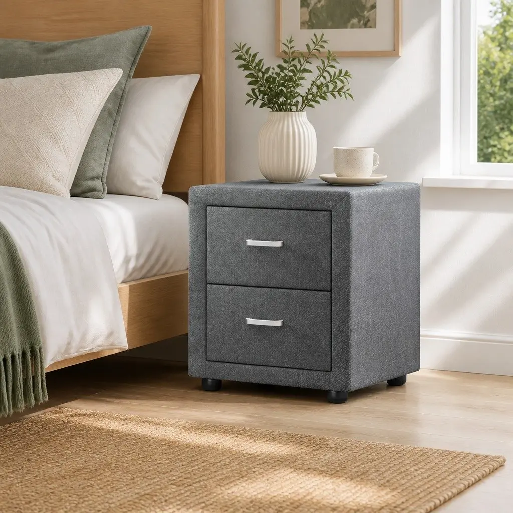 Bedside Table 2 Drawers Grey Linen Fabric Modern Bedroom Storage Side Table