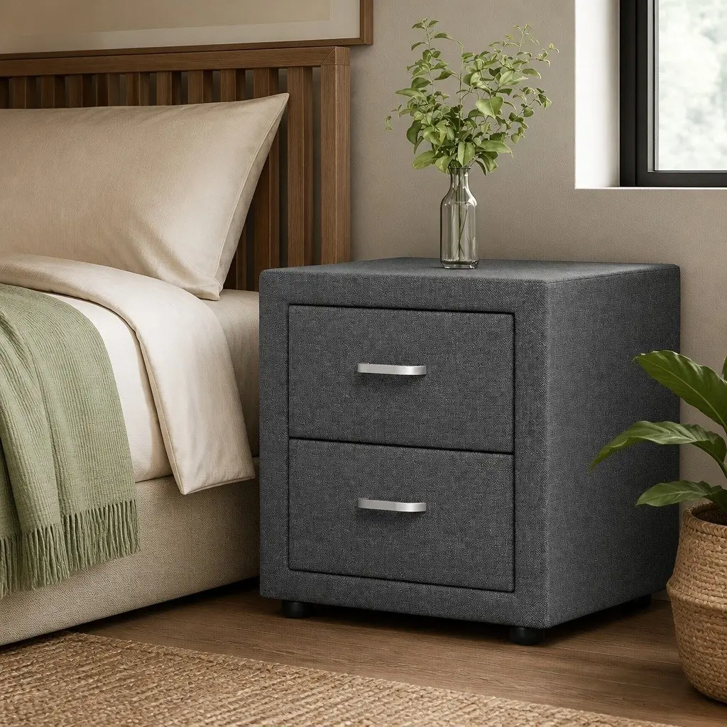 Bedside Table 2 Drawers Side Table Grey Linen Fabric Modern Bedroom Furniture