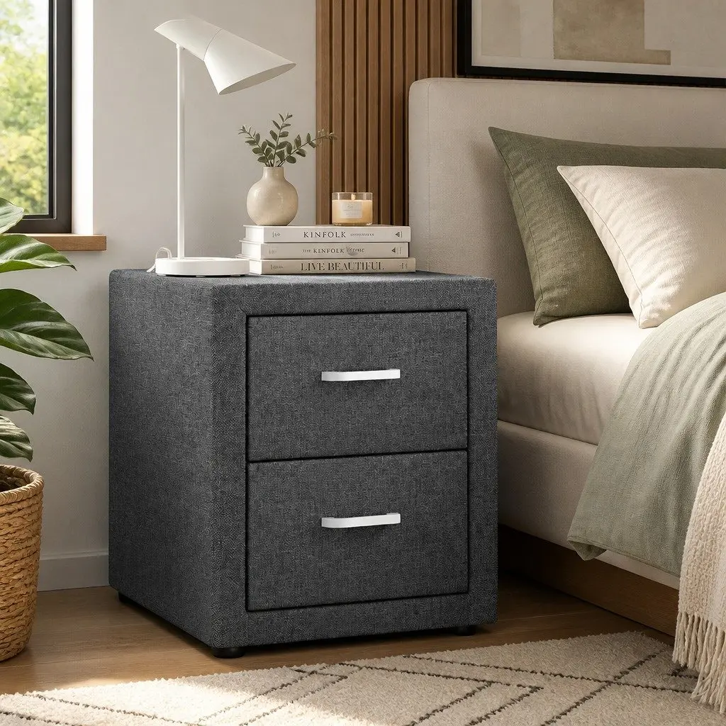 Bedside Table 2 Drawers Side Table Grey Linen Fabric Modern Bedroom Furniture