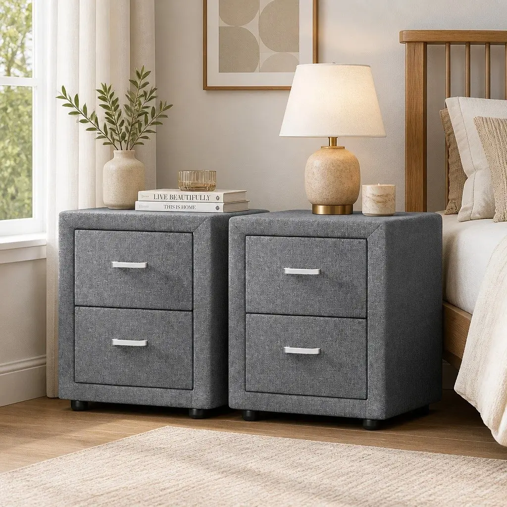 Bedside Table 2 Drawers Side Table Grey Linen Fabric Modern Bedroom Furniture