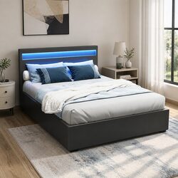 Double Bed Frame Gas Lift Storage LED Headboard Black Bedroom Furniture