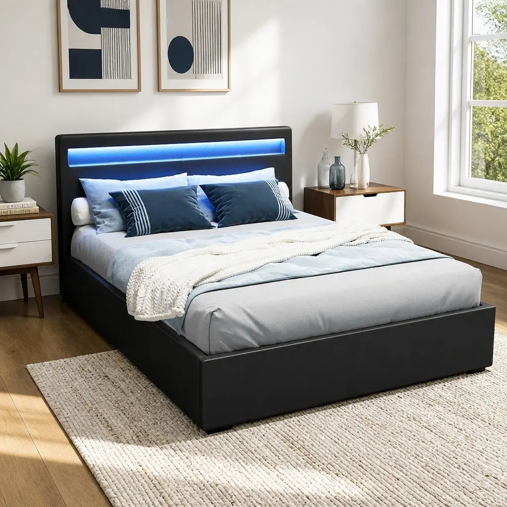 Double Bed Frame with Storage and LED Lights