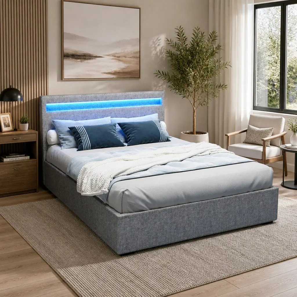 Double Bed Frame Gas Lift Storage LED Headboard Grey Bedroom Furniture
