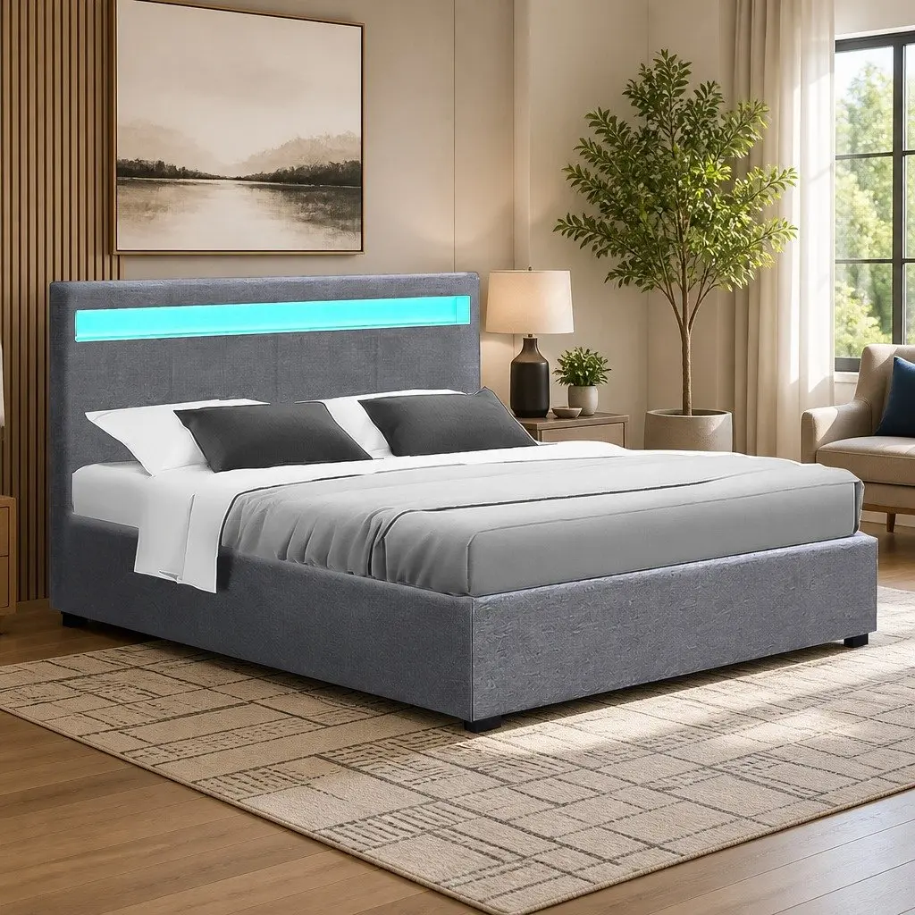 Double Bed Frame Gas Lift Storage LED Headboard Grey Bedroom Furniture