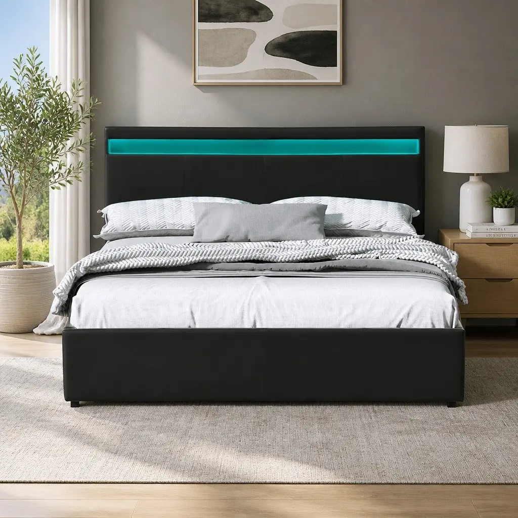 Queen Size Bed Frame with Gas Lift & LED