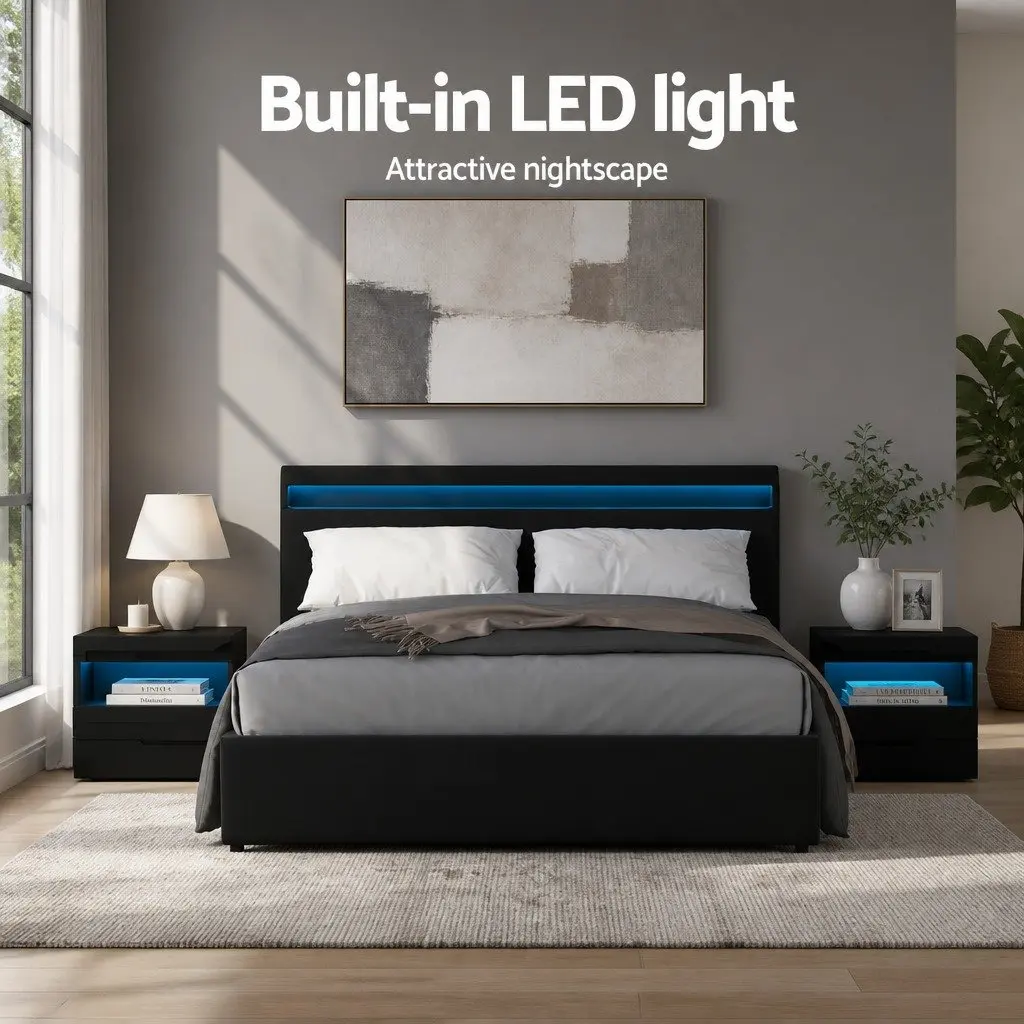 Queen Size Bed Frame with Gas Lift & LED