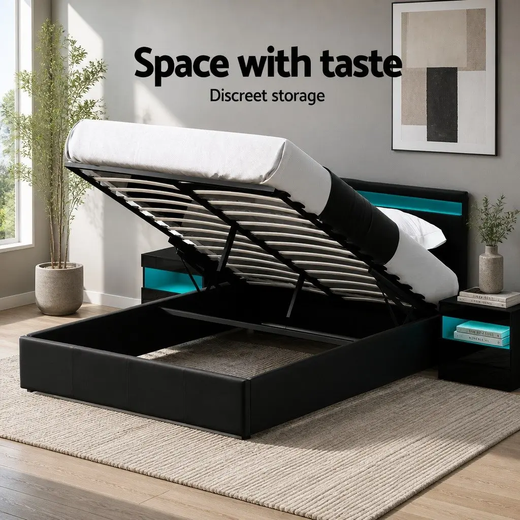 Queen Size Bed Frame with Gas Lift & LED