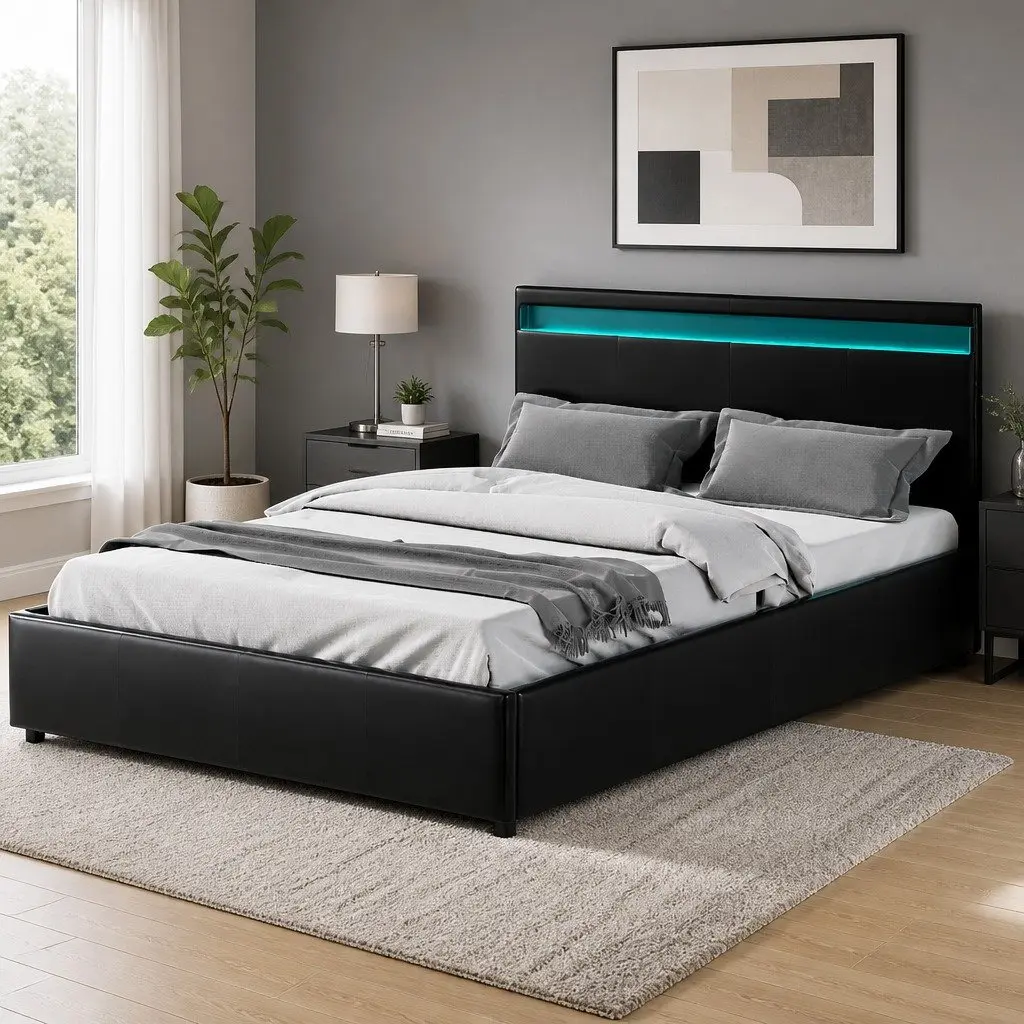 Queen Size Bed Frame with Gas Lift & LED