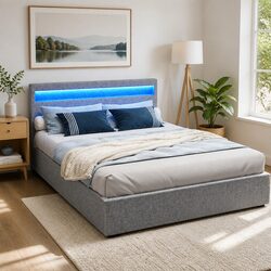 Queen Size Gas Lift Bed Frame with LED Headboard Storage Grey Bedroom Furniture