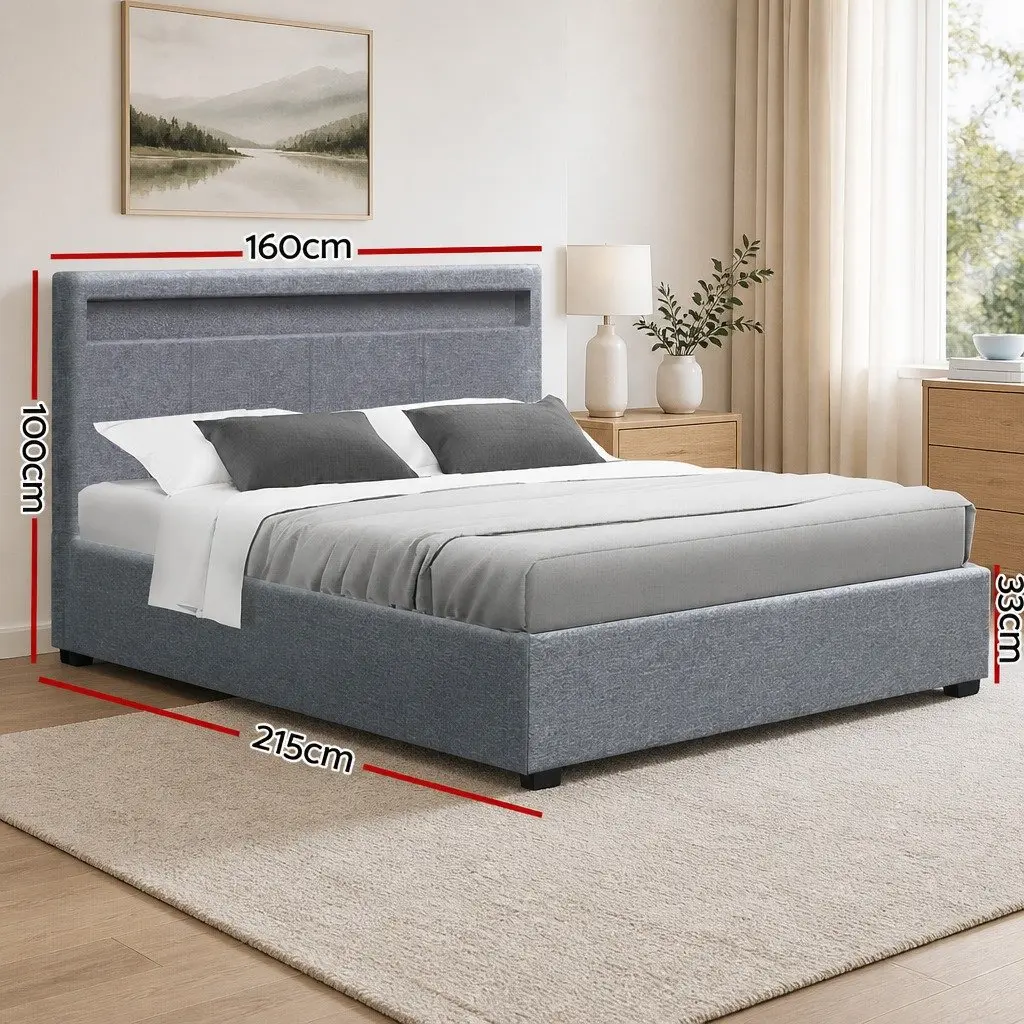 Queen Bed Frame Grey Gas Lift Storage with LED Headboard Upholstered