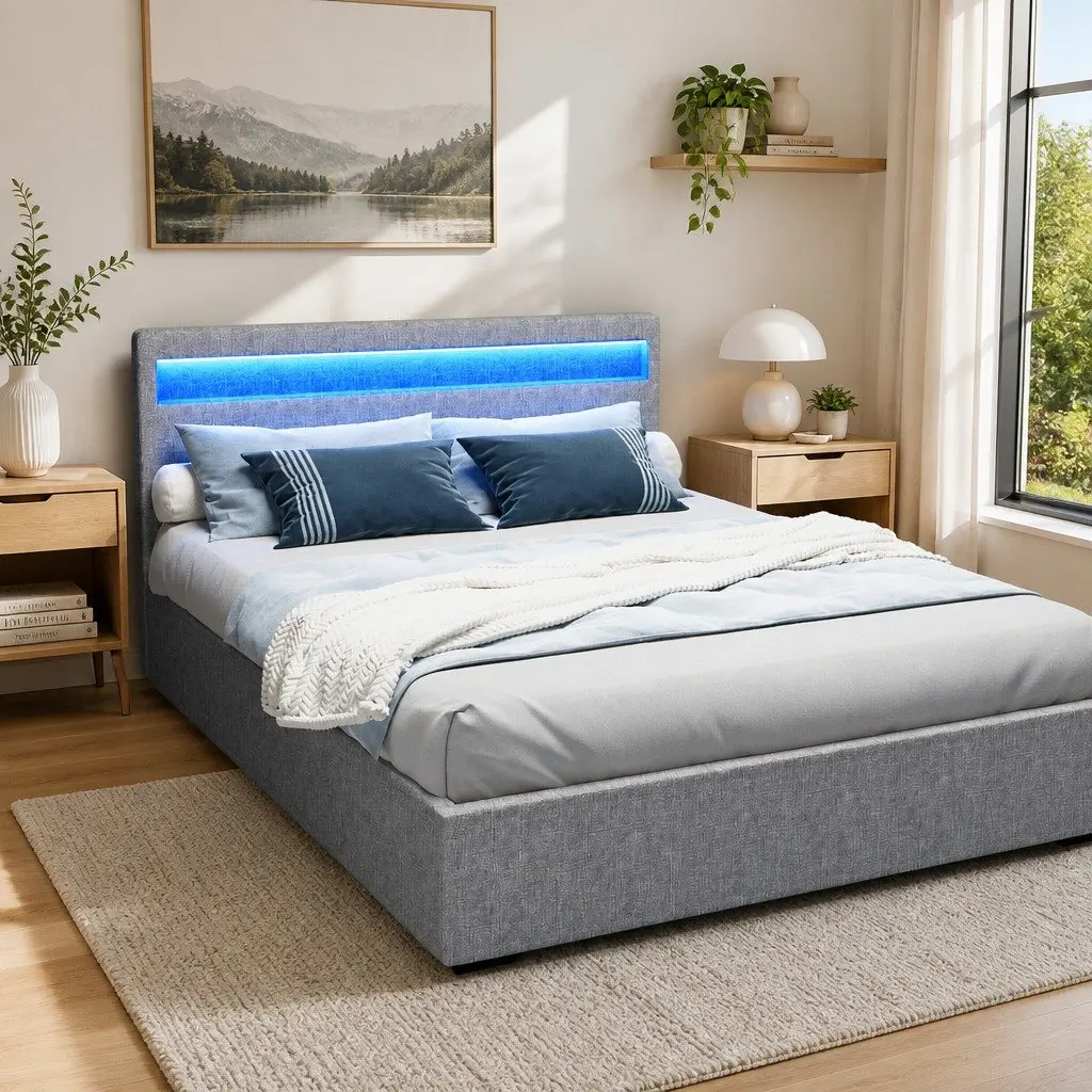 Queen Bed Frame Grey Gas Lift Storage with LED Headboard Upholstered