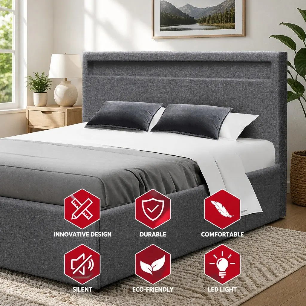 Queen Bed Frame Grey Gas Lift Storage with LED Headboard Upholstered