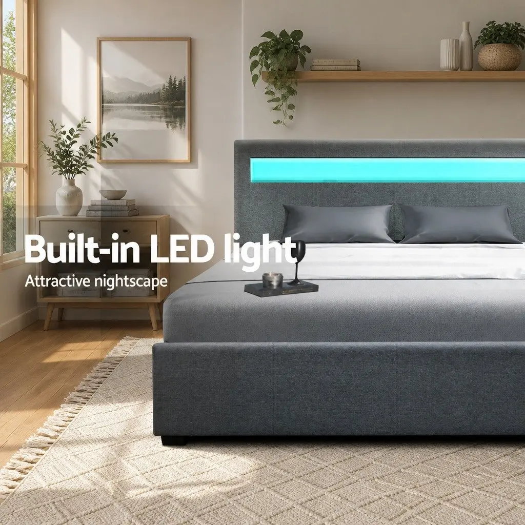 Queen Bed Frame Grey Gas Lift Storage with LED Headboard Upholstered