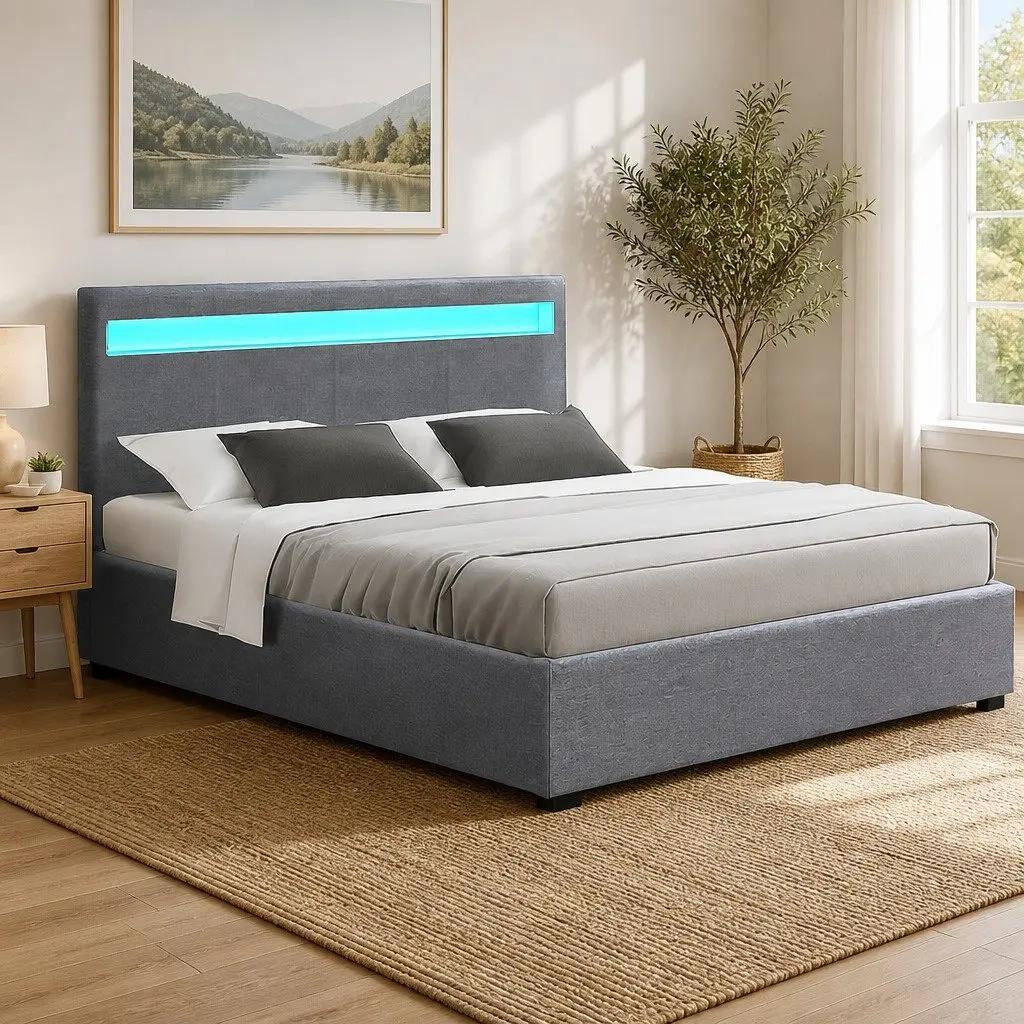 Queen Bed Frame Grey Gas Lift Storage with LED Headboard Upholstered