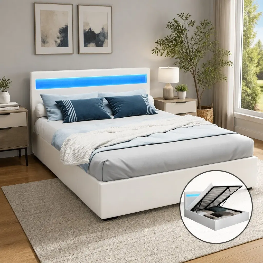Queen Size Gas Lift Storage Bed Frame with LED Lighting White Upholstered Headboard