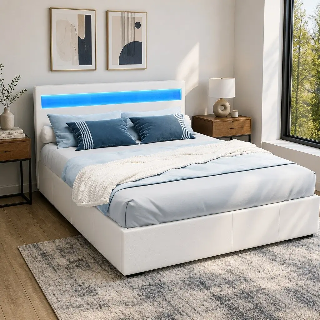 Queen Size Gas Lift Storage Bed Frame with LED Lighting White Upholstered Headboard