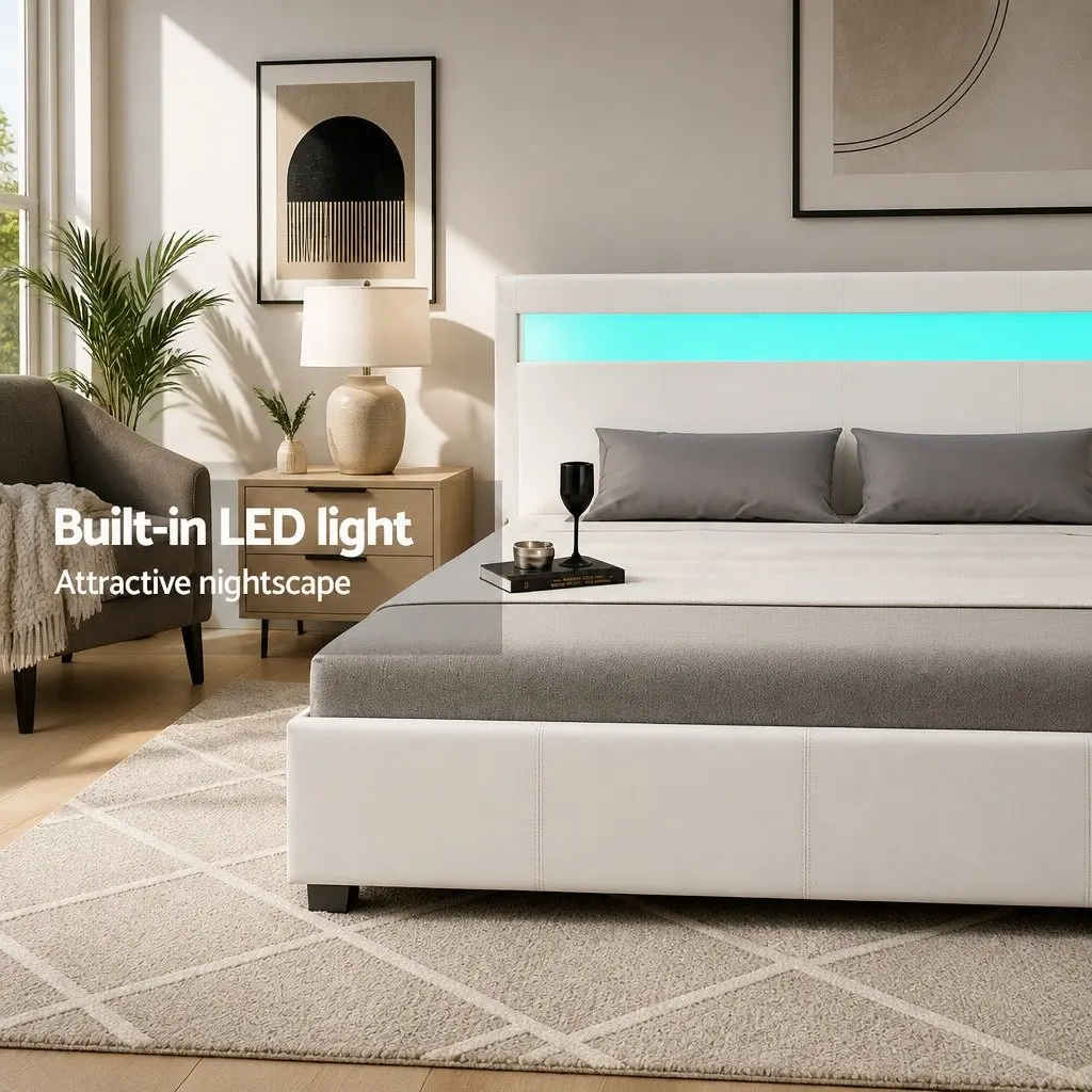 Queen Size Gas Lift Storage Bed Frame with LED Lighting White Upholstered Headboard