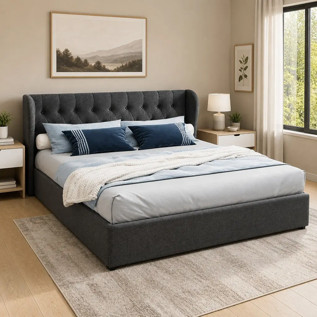 King Size Gas Lift Bed Frame with Tufted Headboard Storage Charcoal
