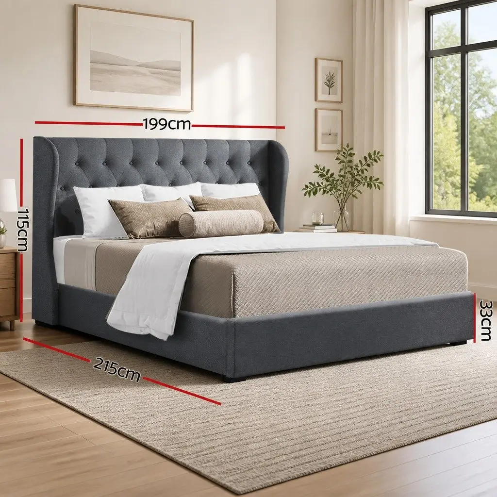 King Size Gas Lift Bed Frame with Tufted Headboard Storage Charcoal