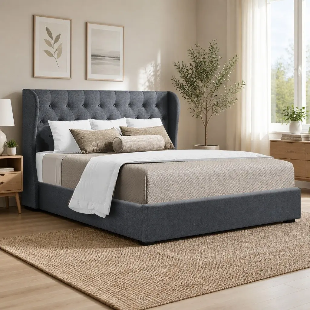 King Size Gas Lift Bed Frame with Tufted Headboard Storage Charcoal