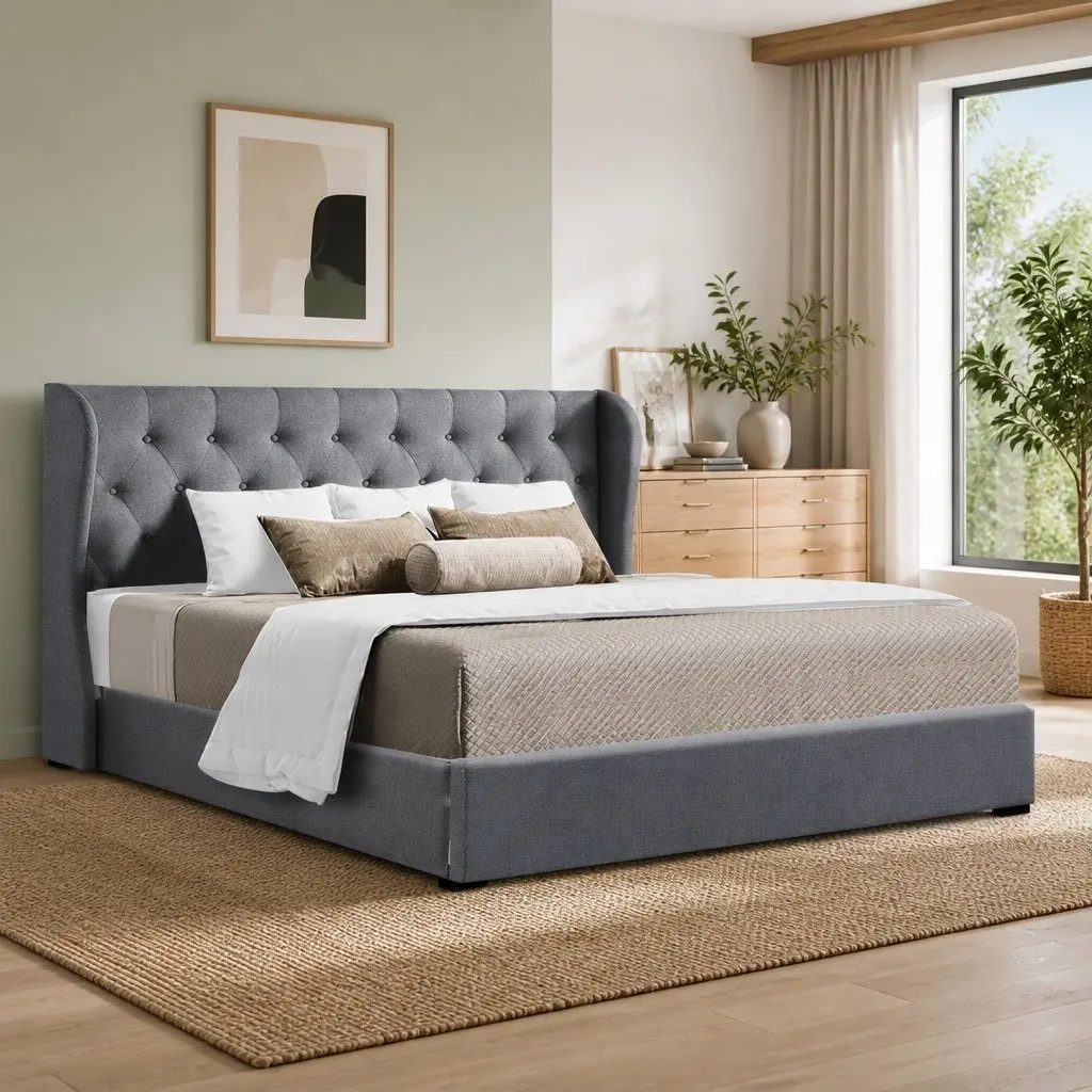 King Size Gas Lift Bed Frame Tufted Headboard Storage Grey