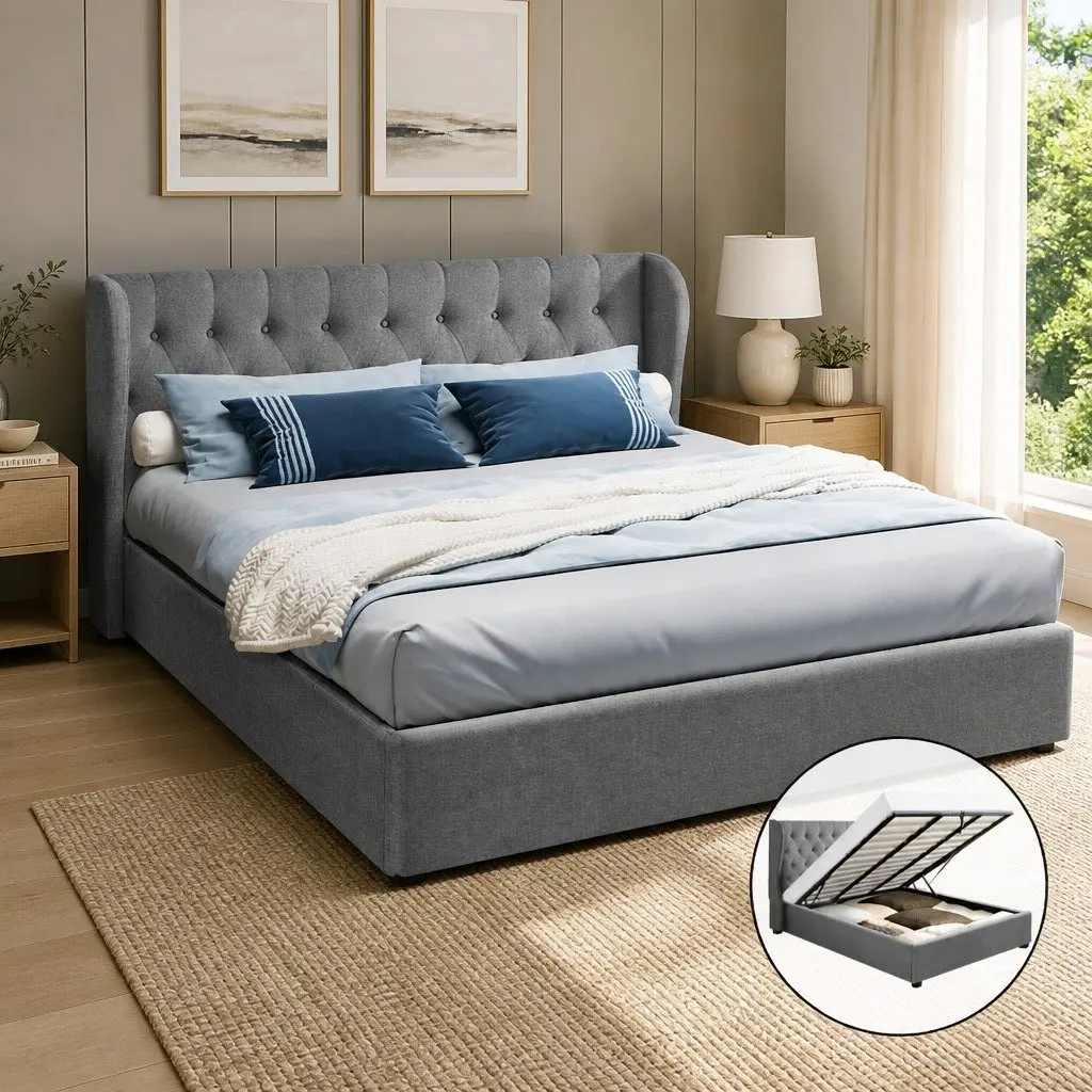 King Size Gas Lift Bed Frame Tufted Headboard Storage Grey