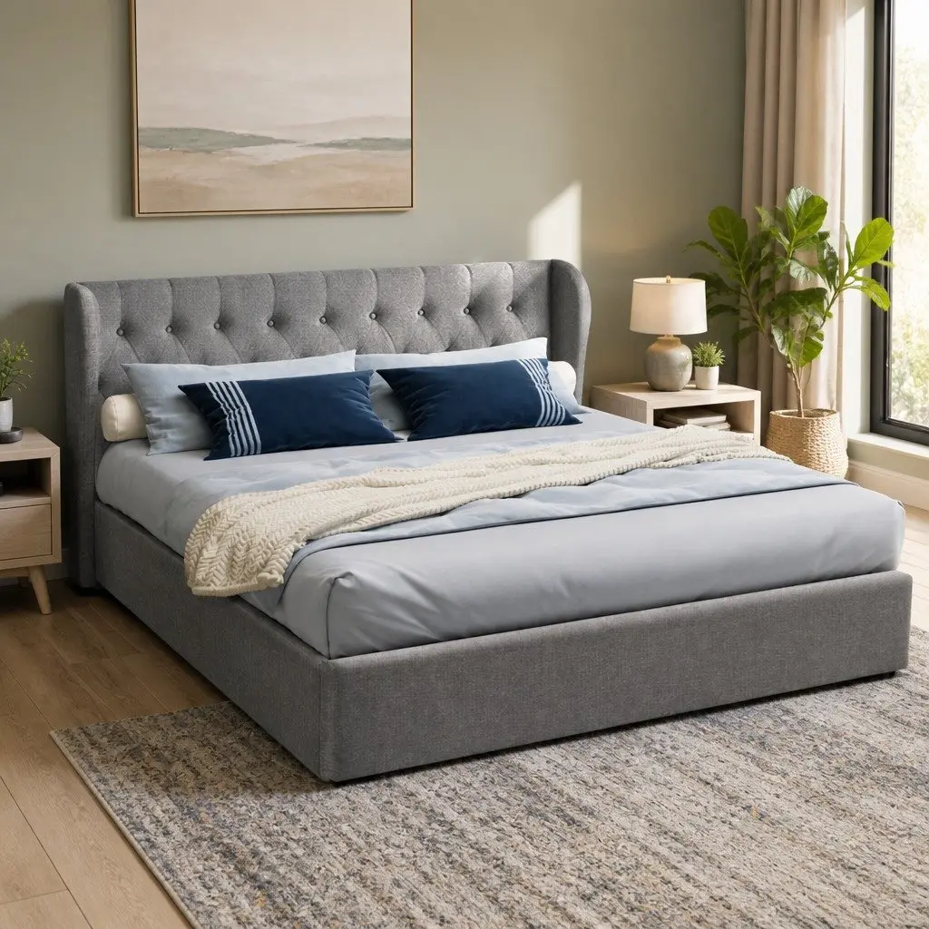 King Size Gas Lift Bed Frame Tufted Headboard Storage Grey