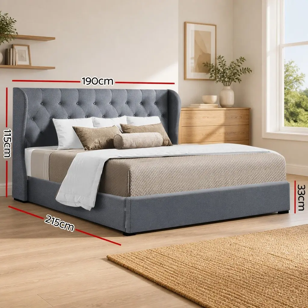 King Size Gas Lift Bed Frame Tufted Headboard Storage Grey