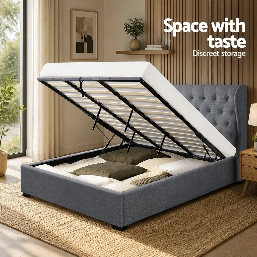 King Size Gas Lift Bed Frame Tufted Headboard Storage Grey