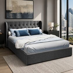 Queen Size Gas Lift Bed Frame with Storage Upholstered Headboard Charcoal