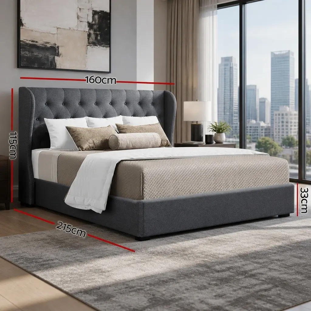 Upholstered Bed Frame Charcoal Queen Size Gas Lift Storage with Tufted Headboard