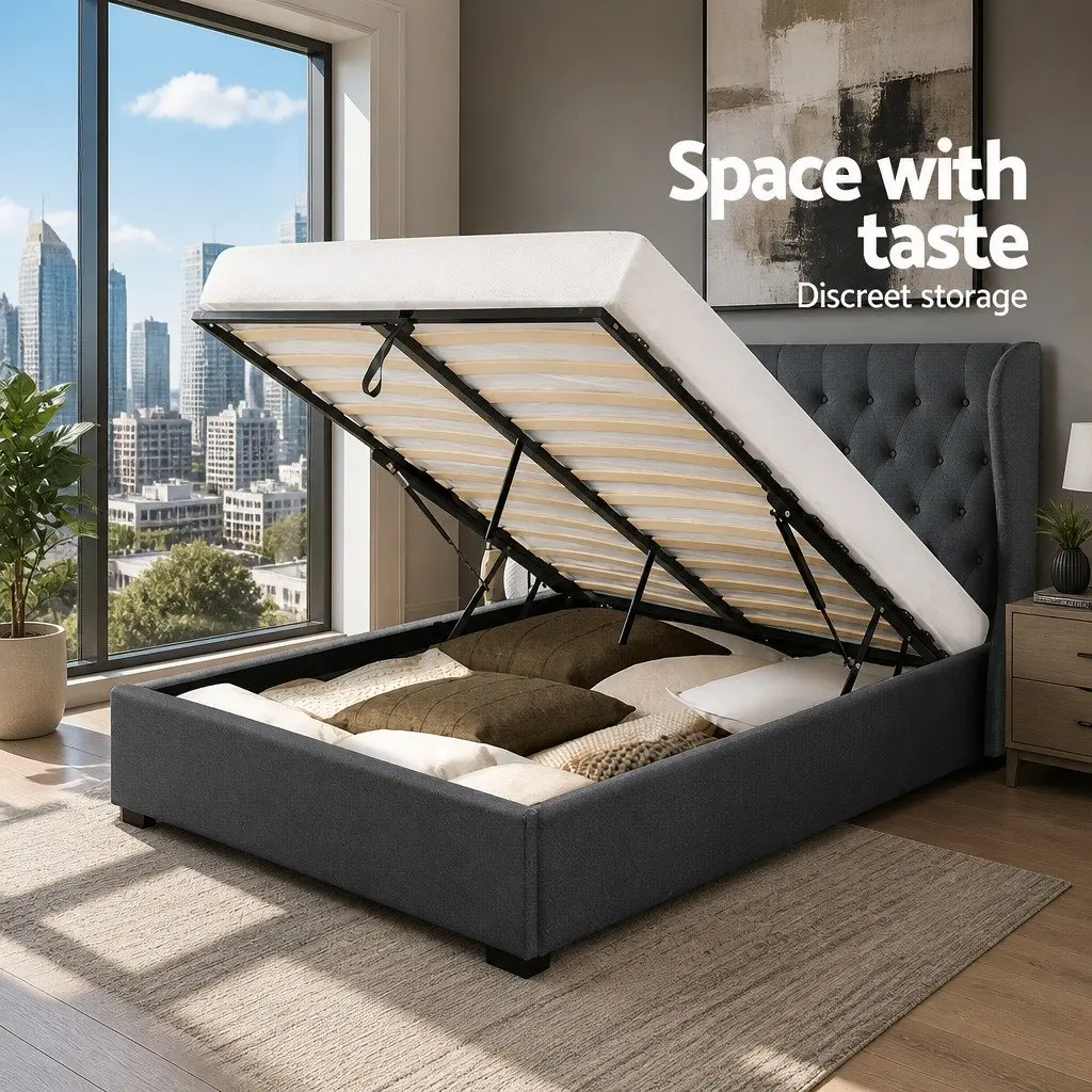 Upholstered Bed Frame Charcoal Queen Size Gas Lift Storage with Tufted Headboard